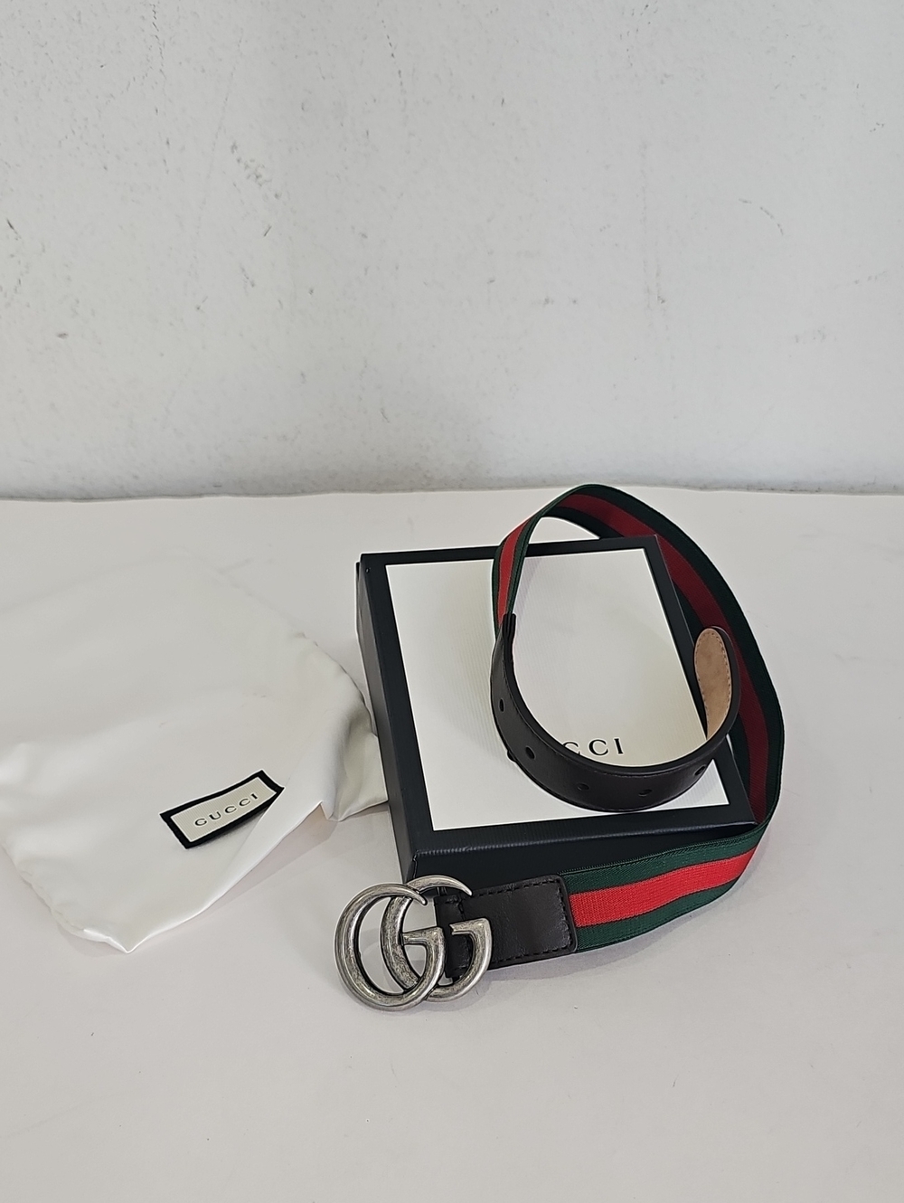 Gucci kids belt GG Logo Red Green Elastic Brown Leather HAENN S . 214452